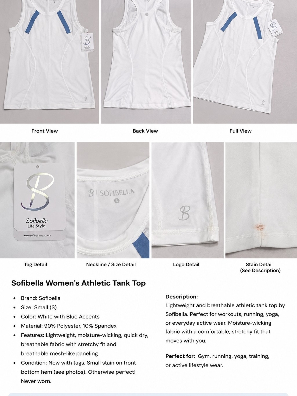 Sofibella Women's White Tank Top with Blue Accents